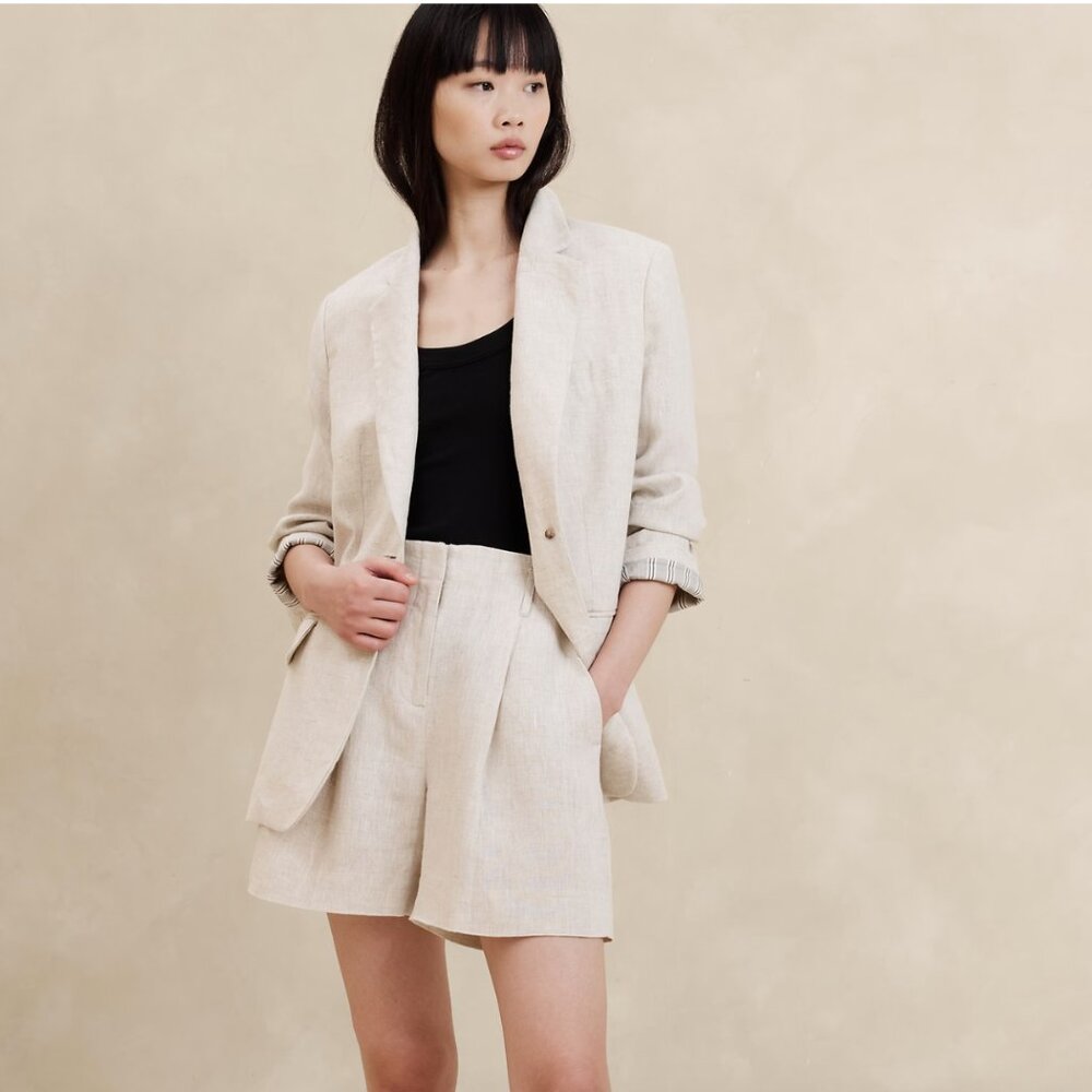 Banana Republic Lina High Rise Pleated Natural Linen Short